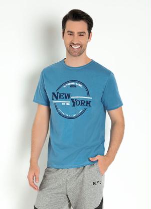 Camiseta (Azul) Manga Curta com Estampa