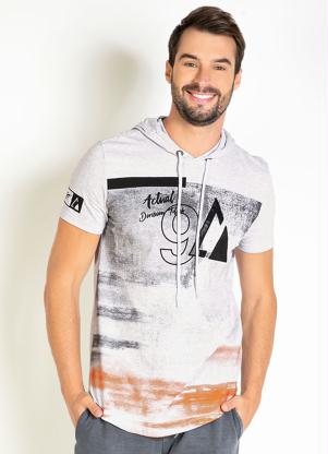 Camiseta (Mescla Claro) com Capuz e Estampa