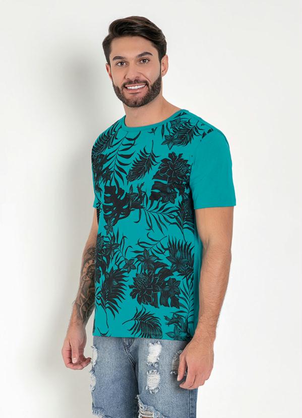 Camiseta (Turquesa) com Estampa Frontal de Floral