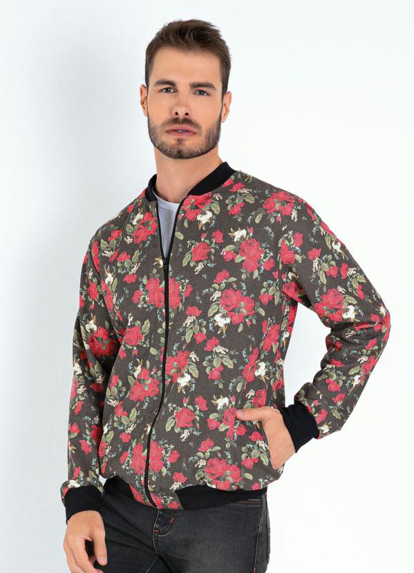 Jaqueta Bomber (Floral Preta) com Bolsos Laterais