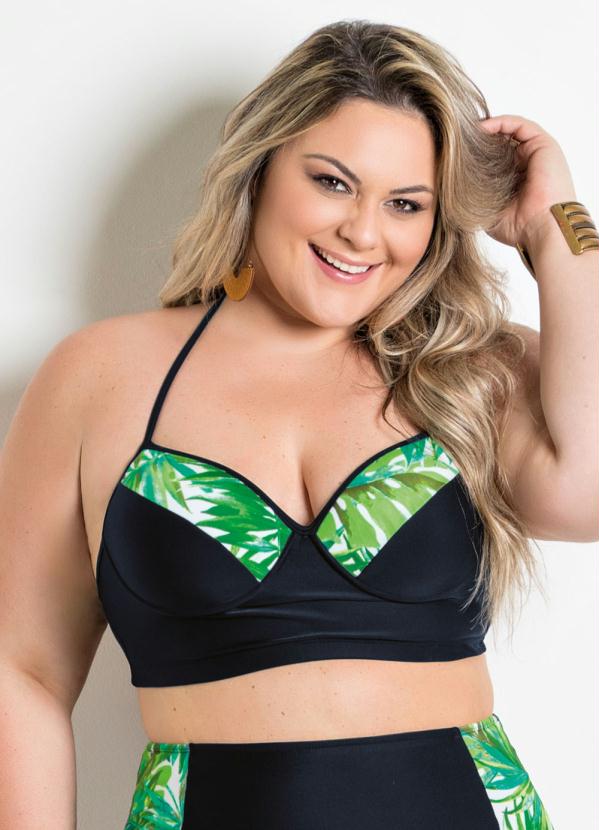 Busto Biqu�ni (Preto e Folhagem) Plus Size