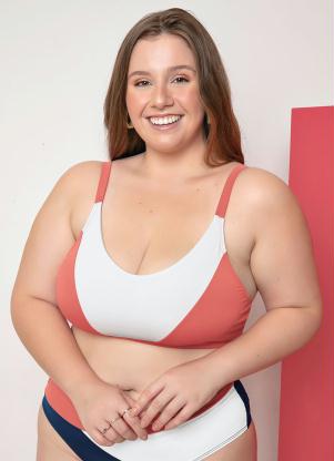 Top Biqu�ni Plus Size (Coral e Branco) com Recorte