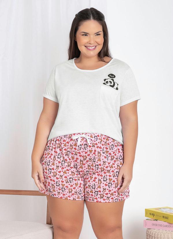 Pijama Curto com Bolso na Blusa (Branco/Rosa)
