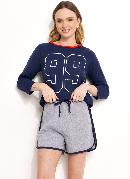 Pijama Curto com Estampa Azul Marinho e Cinza 