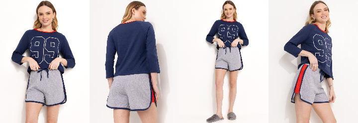 Pijama Curto com Estampa Azul Marinho e Cinza