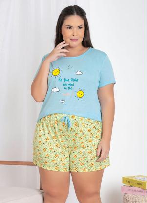 Pijama Curto com Estampa e Cord�o (Azul/Floral)