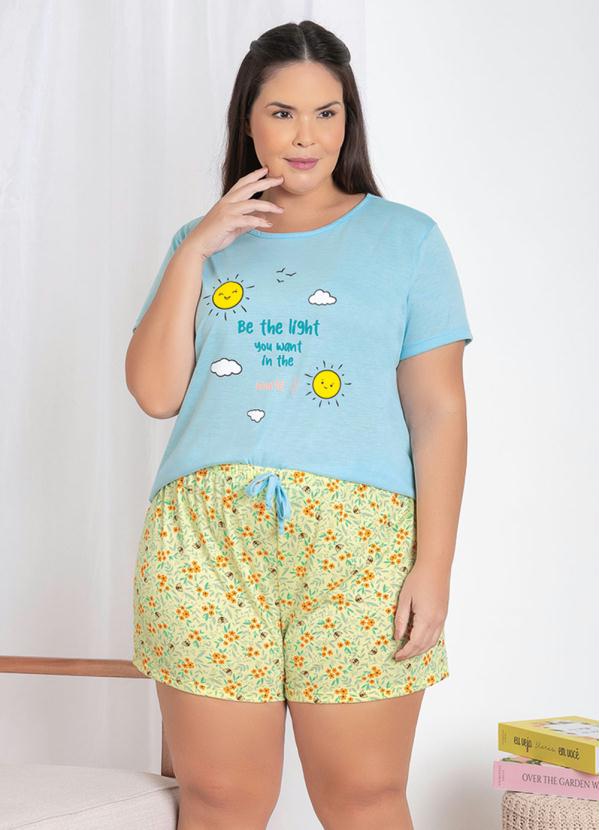 Pijama Curto com Estampa e Cord�o (Azul/Floral)