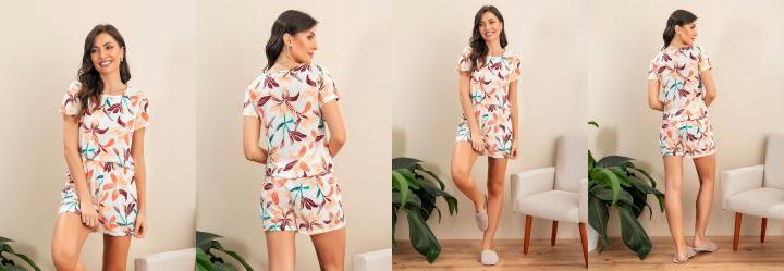 Pijama Manga Curta com Renda Folhagem Branco