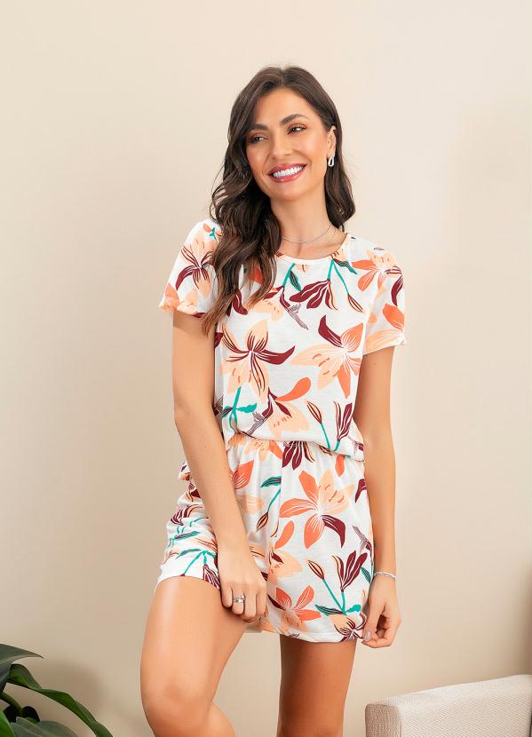 Pijama Manga Curta com Renda (Folhagem Branco)