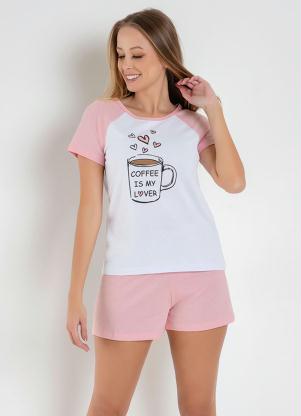Pijama Manga Raglan Estampa Frontal (Branco/Rosa) Pijama Manga Raglan Estampa Frontal (Branco/Rosa)