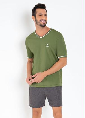 Pijama com Acabamento em Vi�s e Estampa de Marca