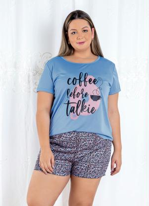 Pijama Curto com Estampa (Azul/Floral)