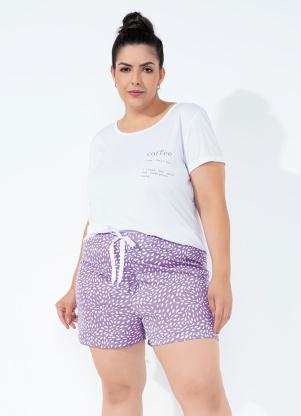Pijama Curto com Fita de Cetim (Branco/Po� Lil�s)