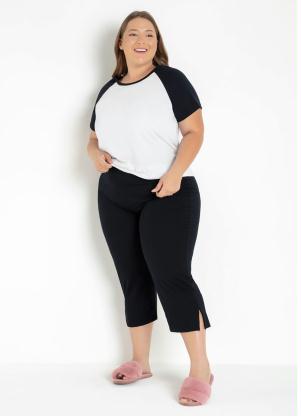 Pijama Manga Raglan e Barra Rendada (Preto/Branco)