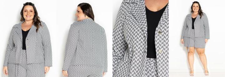 Blazer Abstrato Branco com Bot�es Plus Size