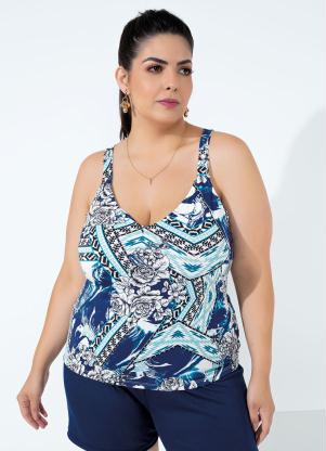 Blusa (Floral Azul) com Al�as Largas Plus Size