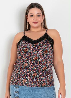 Blusa (Floral) com Renda no Decote Plus Size Blusa (Floral) com Renda no Decote Plus Size