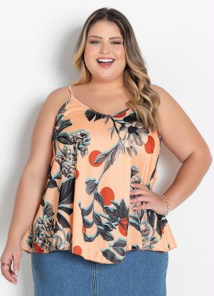 Blusa (Floral Laranja) Ampla Plus Size