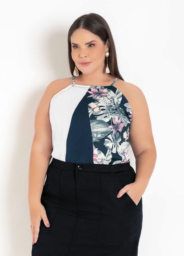 Blusa (Floral Marinho) com Recortes Plus Size