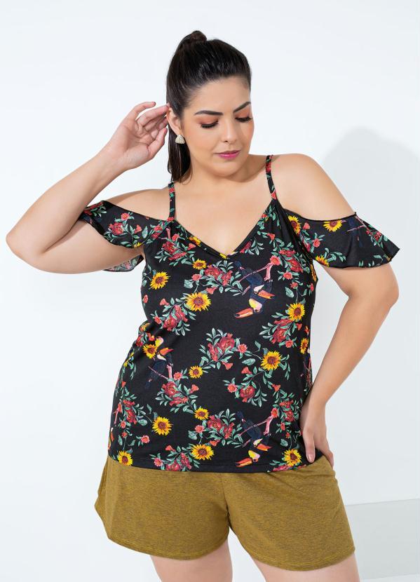 Blusa (Floral Preto) com Al�as e Babados Plus Size