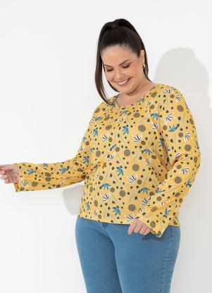 Blusa (Floral Amarela) com Mangas Amplas Plus Size Blusa (Floral Amarela) com Mangas Amplas Plus Size