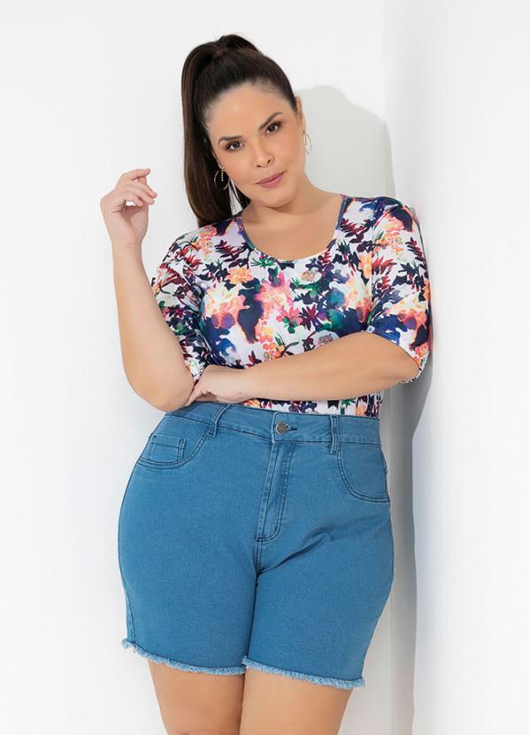 Blusa (Floral Aqua) El�stico nos Punhos Plus Size