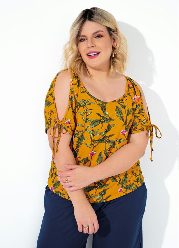 Blusa (Floral Amarela) com Amarra��o Plus Size