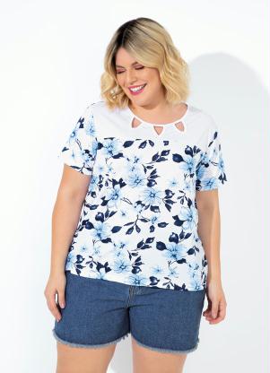 Blusa (Floral Azul) com Gotas Plus Size Blusa (Floral Azul) com Gotas Plus Size