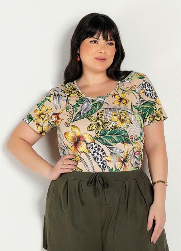 Blusa (Floral Bege) com Amarra��o Plus Size