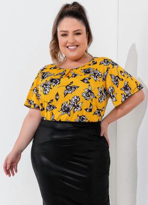 Blusa (Floral) com Mangas Amplas Plus Size Blusa (Floral) com Mangas Amplas Plus Size