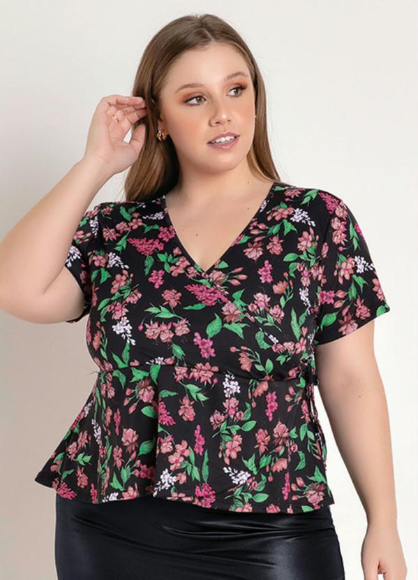 Blusa (Floral) com Peplum Transpassado Plus Size