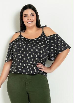 Blusa (Floral Preta) com Mangas Amplas Plus Size