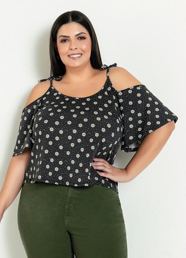 Blusa (Floral Preta) com Mangas Amplas Plus Size