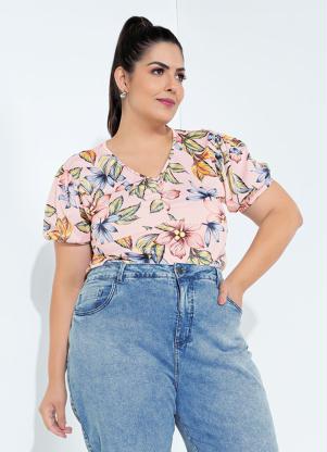Blusa (Floral Rosa) com Franzido Plus Size