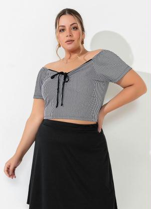 Blusa (Listrada Preta) com Amarra��o Plus Size