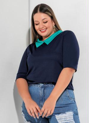 Blusa (Marinho) com Gola no Decote Plus Size