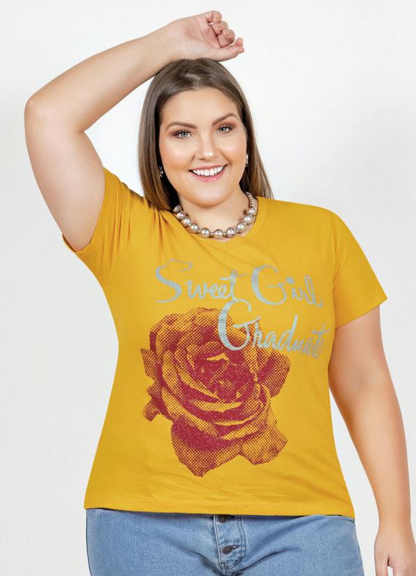 Blusa (Mostarda) Estampada com Glitter Plus Size