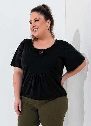 Blusa (Preta) com Franzido e Amarra��o Plus Size