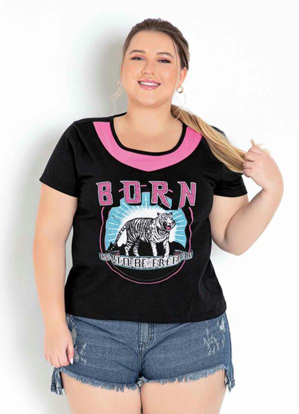 Blusa (Preta) com Recorte e Estampa Plus Size Blusa (Preta) com Recorte e Estampa Plus Size