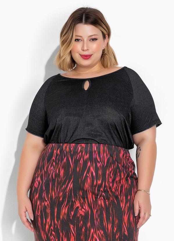Blusa (Preta Jeans) com Mangas Raglan Plus Size Blusa (Preta Jeans) com Mangas Raglan Plus Size