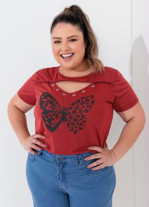 Blusa (Terracota) com Ilhoses e Estampa Plus Size