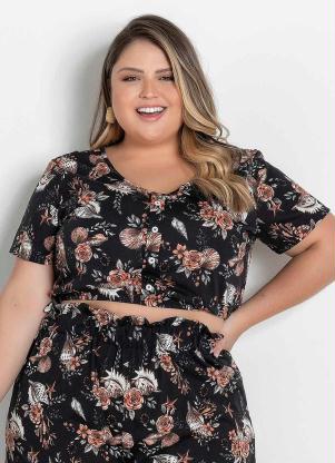 Cropped (Floral Preta) com Bot�es Plus Size