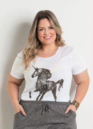 T-Shirt (Branca) Estampa Unic�rnio Plus Size