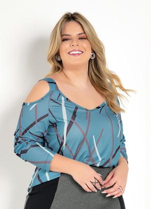 Blusa (Abstrata Azul) com Mangas Longas Plus Size