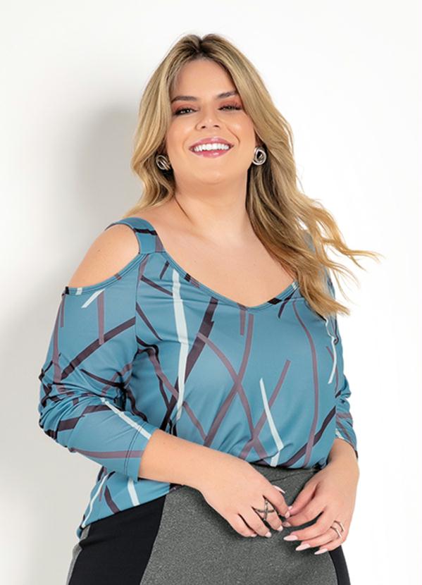 Blusa (Abstrata Azul) com Mangas Longas Plus Size