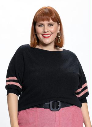 Blusa de Tric� Plus Size (Preta) com Mangas Bal�o