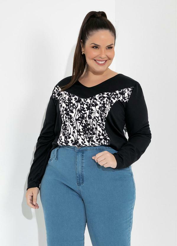 Blusa (Floral Preta) com Mangas Longas Plus Size
