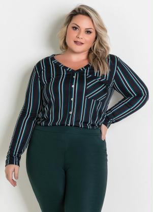 Blusa (Listrada) Plus Size com Botões Decorativos Blusa (Listrada) Plus Size com Botões Decorativos