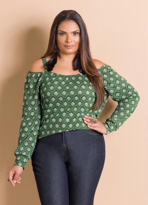 Blusa Manga Longa Vazada (Estampada) Plus Size
