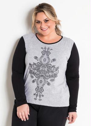 Blusa (Mescla e Preta) Manga Longa Plus Size